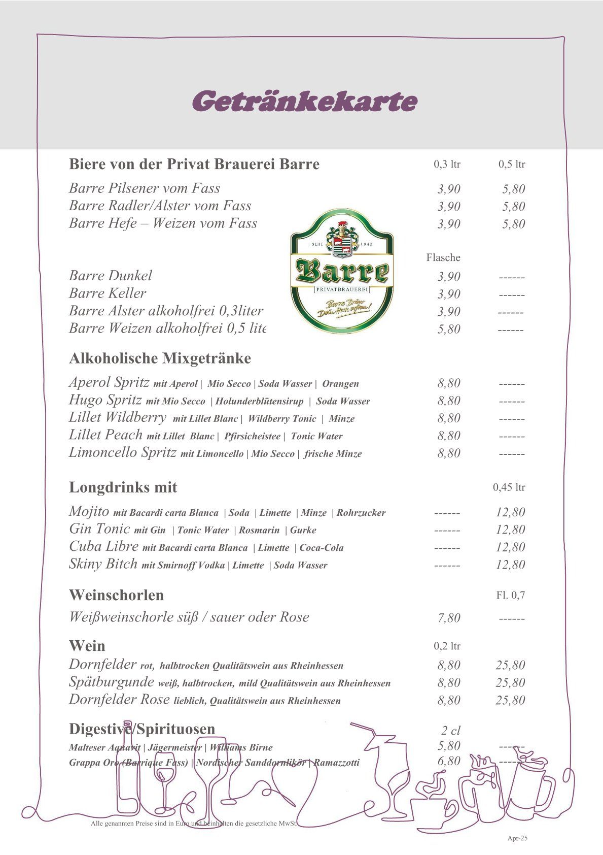 Getränkekarte mit verschiedenen Getränken und Preisen aufgelistet.