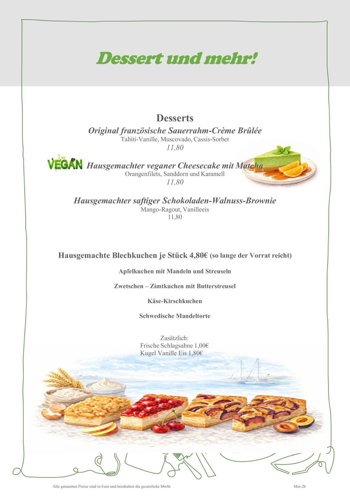 Speisekarte mit Kaffee- und Teespezialitäten sowie Preisen.