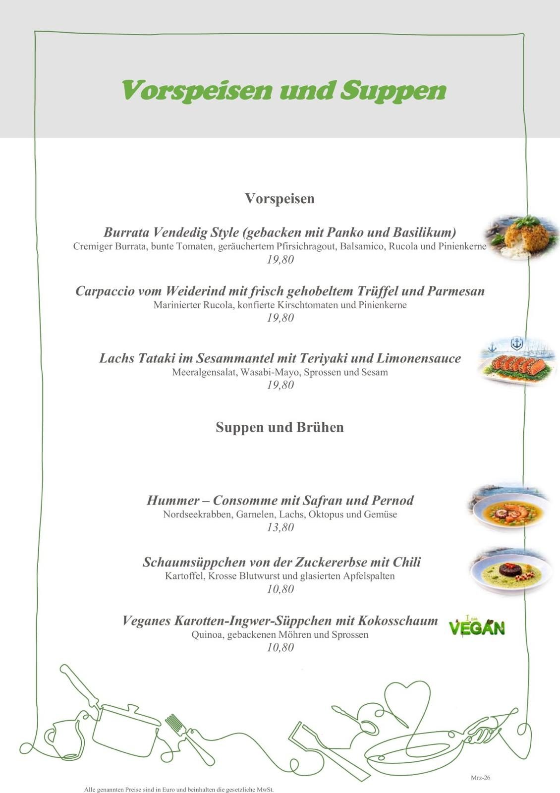 Speisekarte mit Kaffee- und Teespezialitäten sowie Preisen.