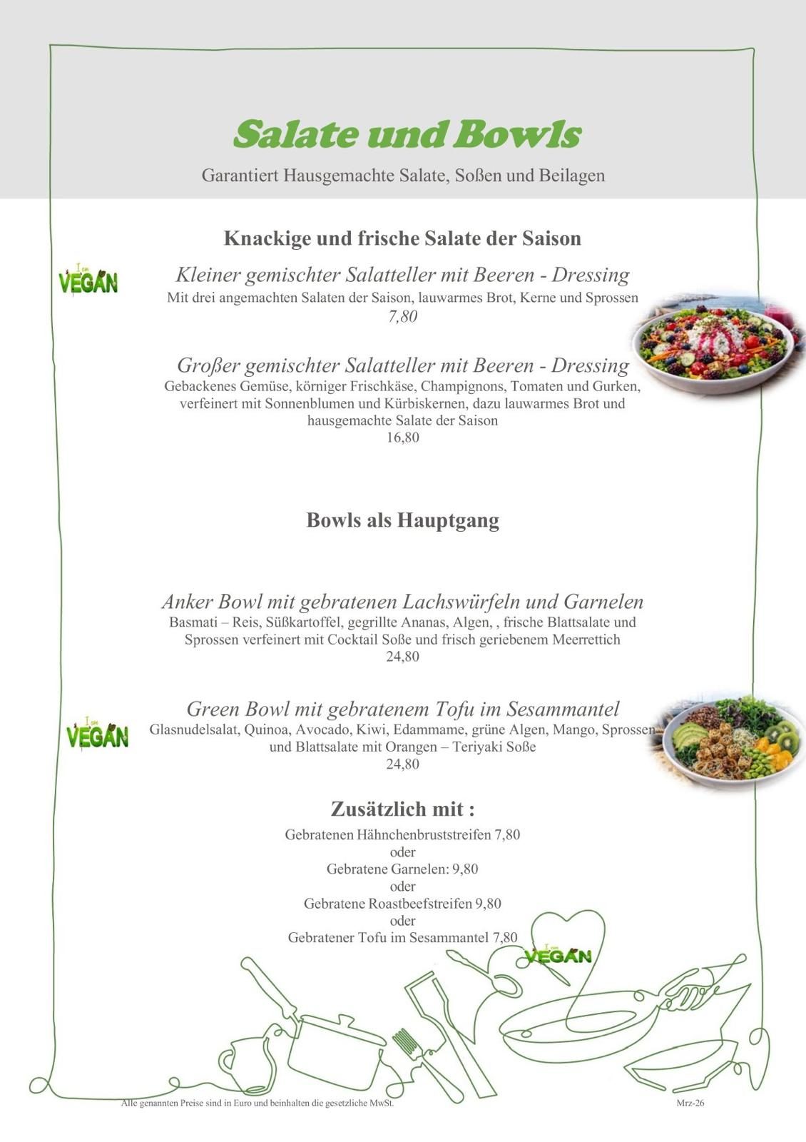 Speisekarte mit Kaffee- und Teespezialitäten sowie Preisen.