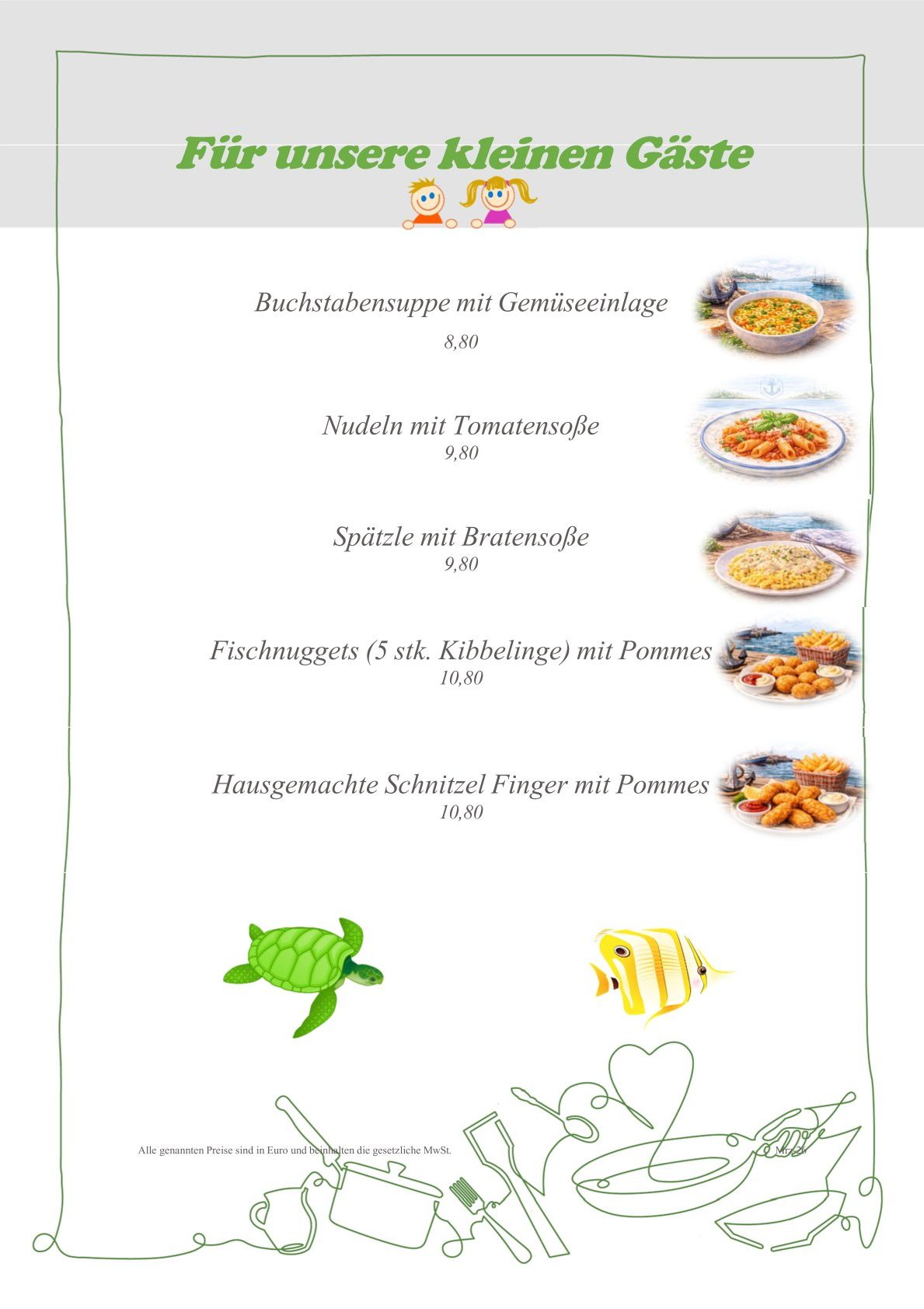 Getränkekarte mit verschiedenen Getränken und Preisen aufgelistet.