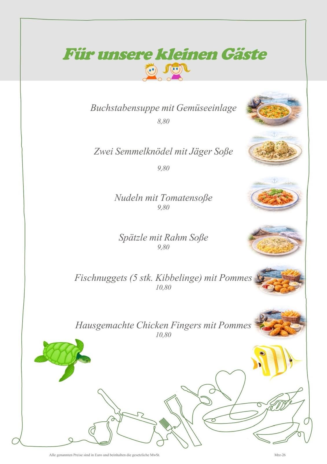 Getränkekarte mit verschiedenen Getränken und Preisen aufgelistet.