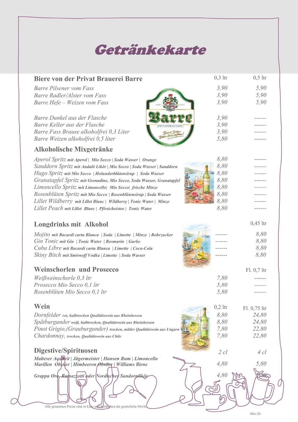 Speisekarte mit Kaffee- und Teespezialitäten sowie Preisen.