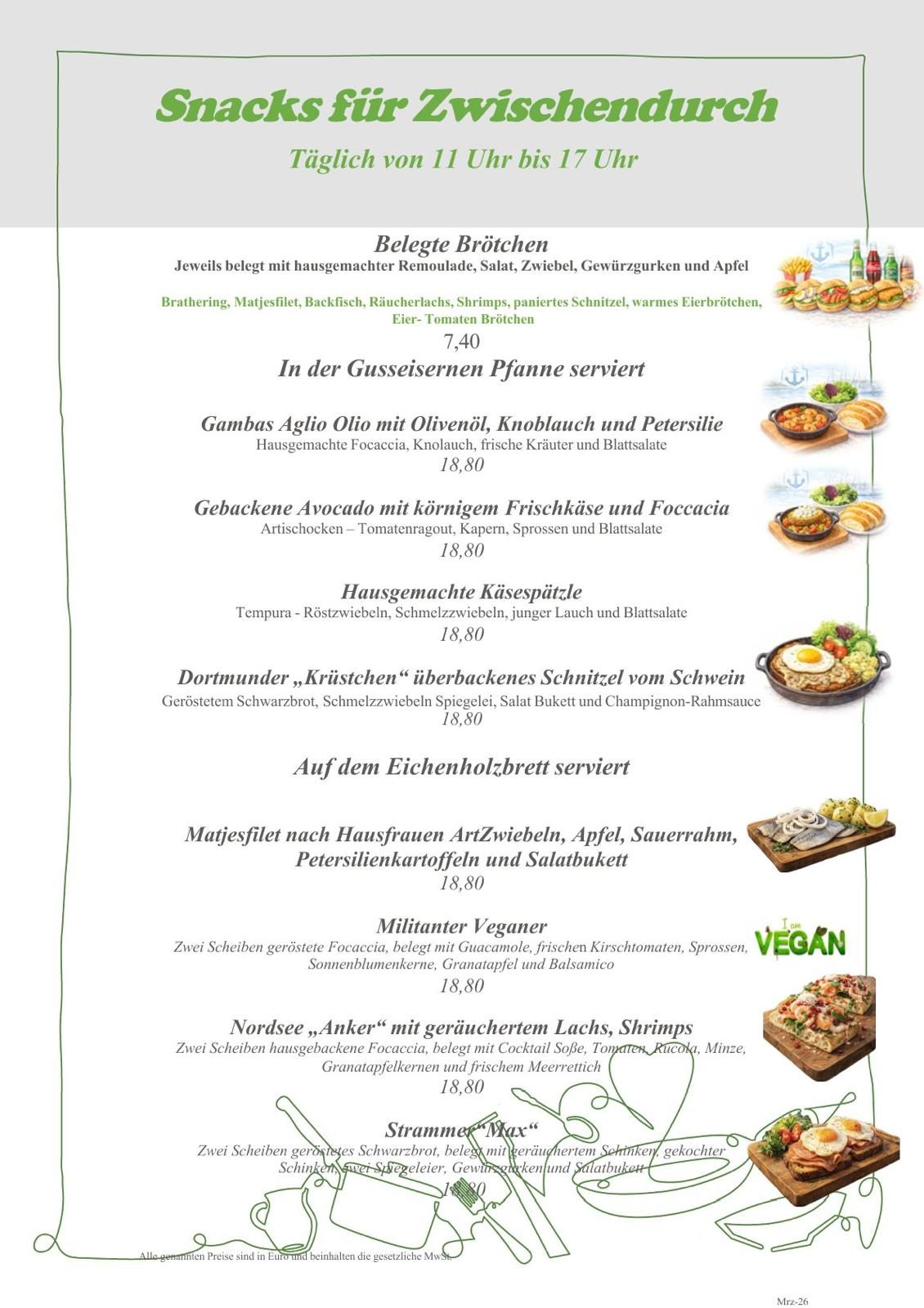 Getränkekarte mit verschiedenen alkoholfreien und alkoholischen Getränken.