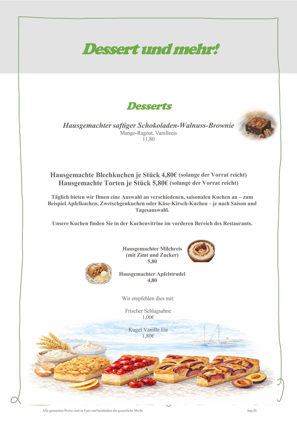 Speisekarte mit Kaffee- und Teespezialitäten sowie Preisen.