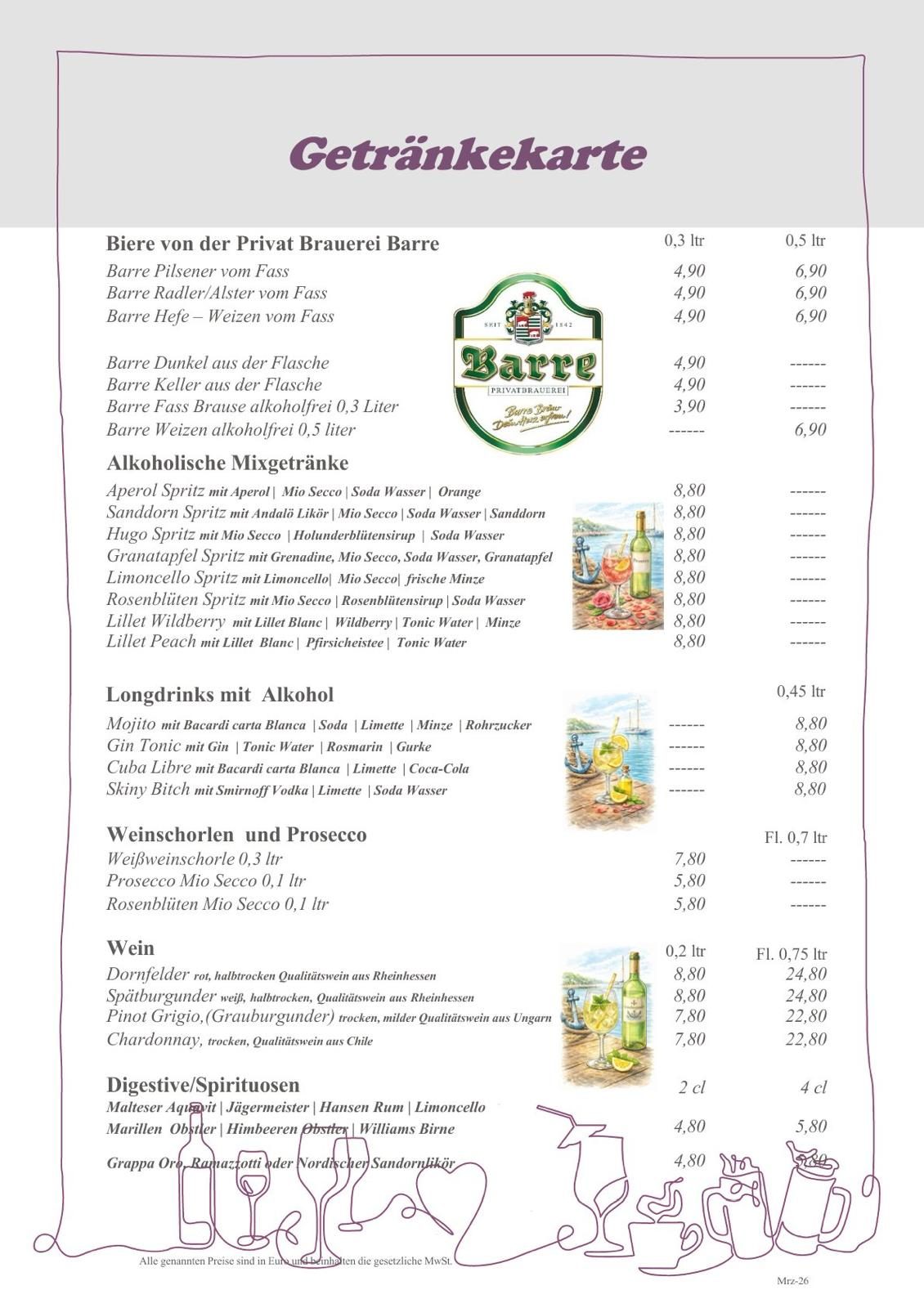Speisekarte mit Kaffee- und Teespezialitäten sowie Preisen.
