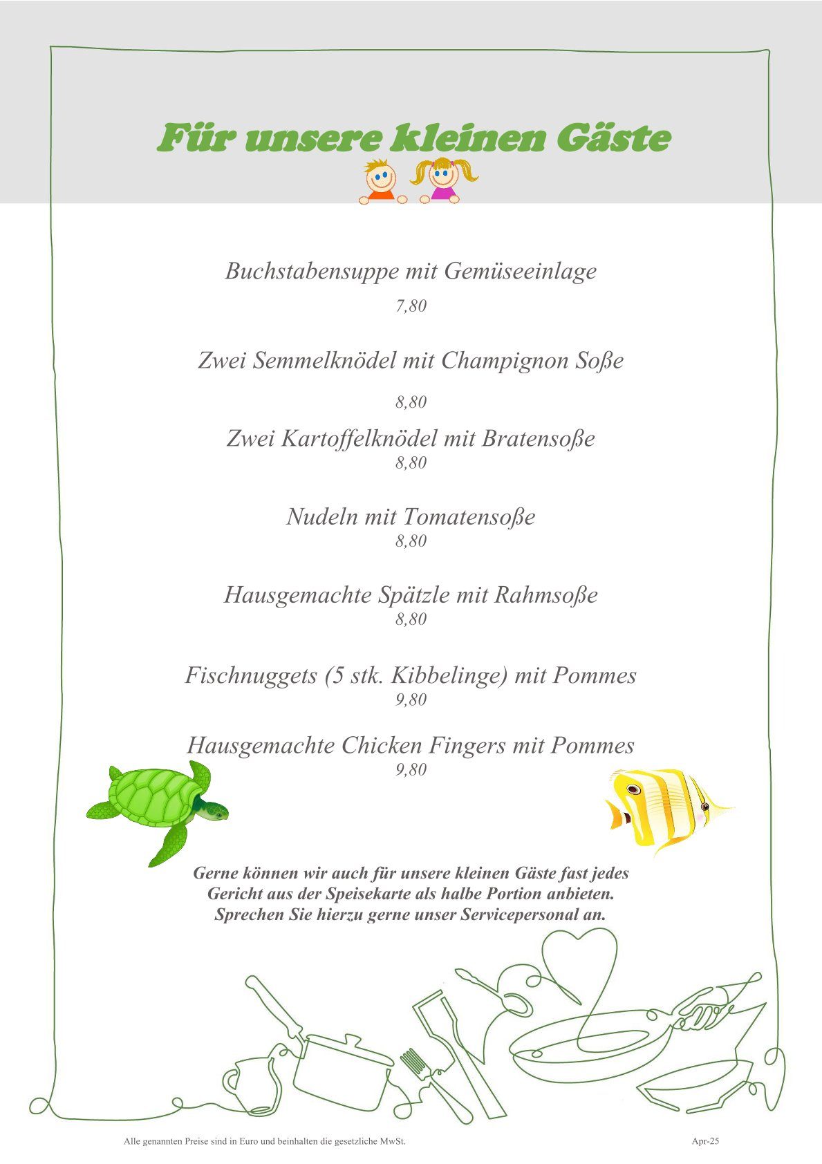 Speisekarte mit Gerichten für unsere kleinen Gäste
