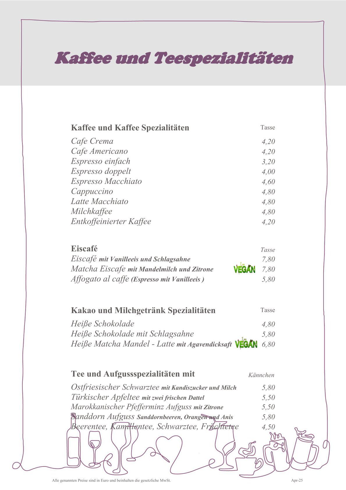 Speisekarte mit Kaffee- und Teespezialitäten sowie Preisen.