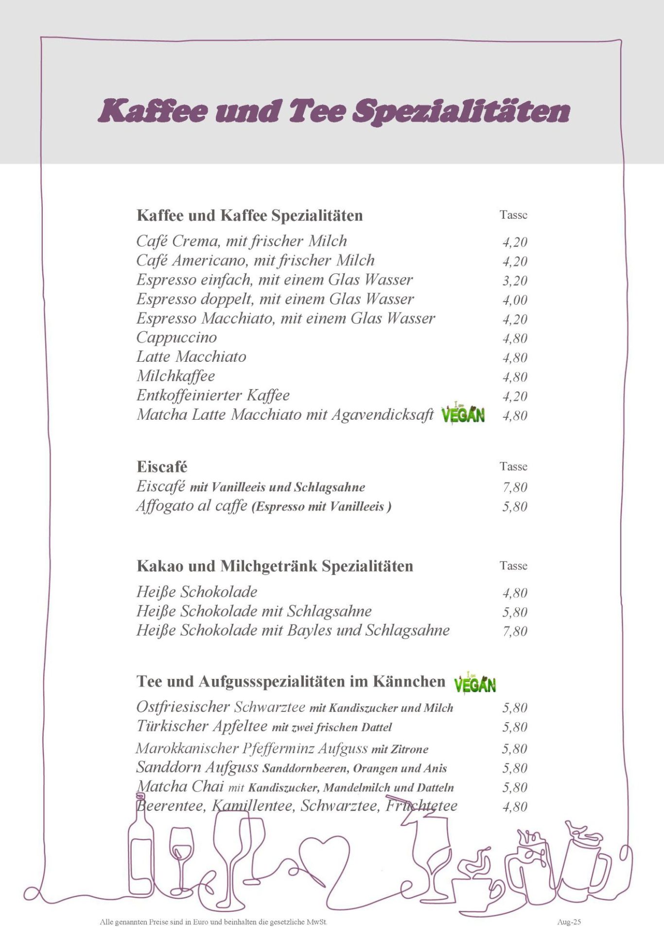 Speisekarte mit Kaffee- und Teespezialitäten sowie Preisen.
