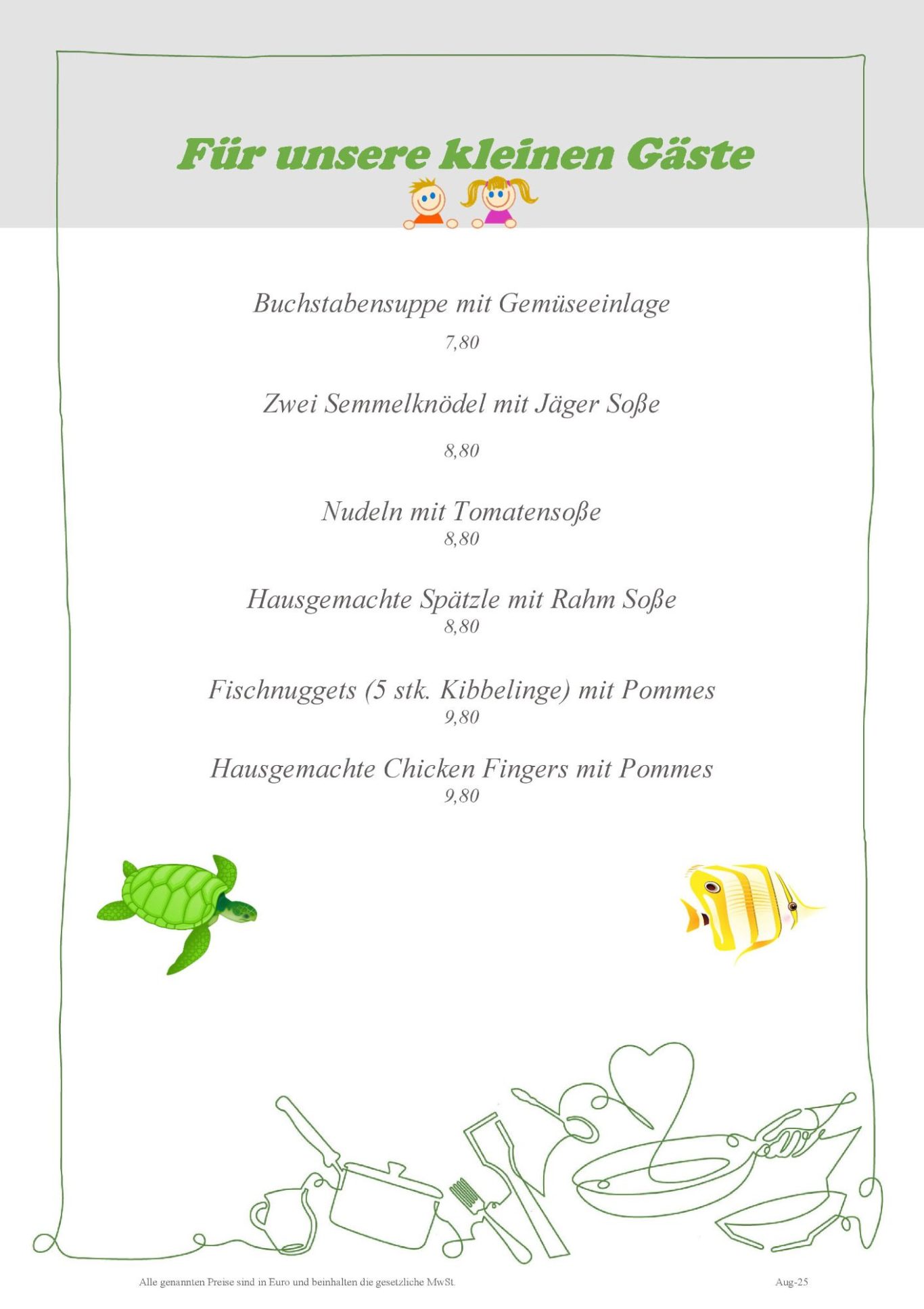 Speisekarte mit Gerichten für unsere kleinen Gäste
