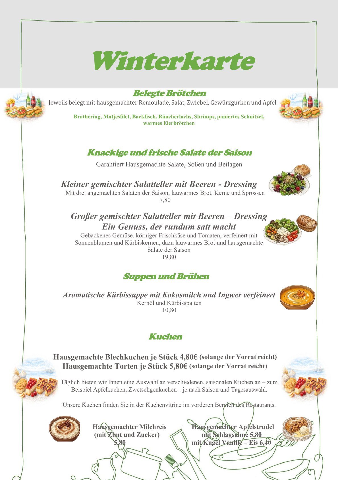 Getränkekarte mit verschiedenen alkoholfreien und alkoholischen Getränken.