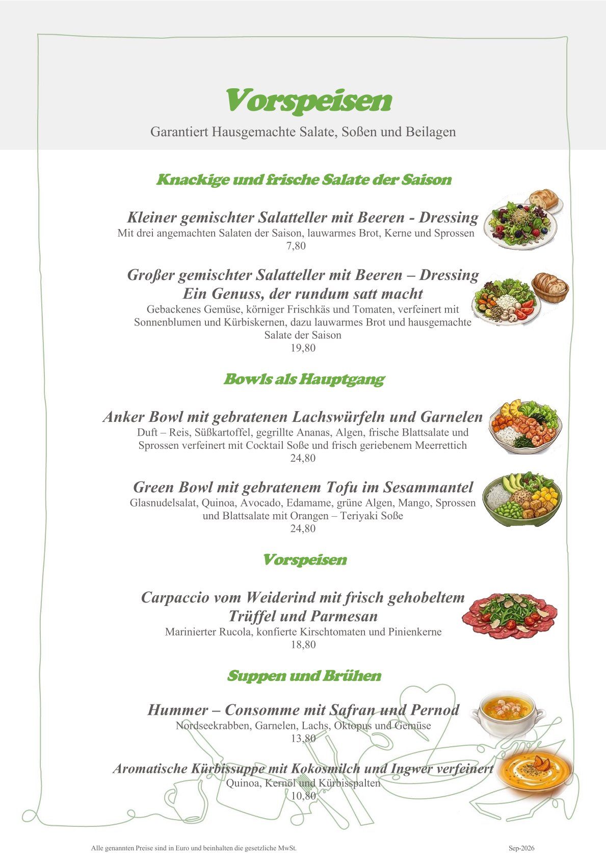 Speisekarte mit Kaffee- und Teespezialitäten sowie Preisen.