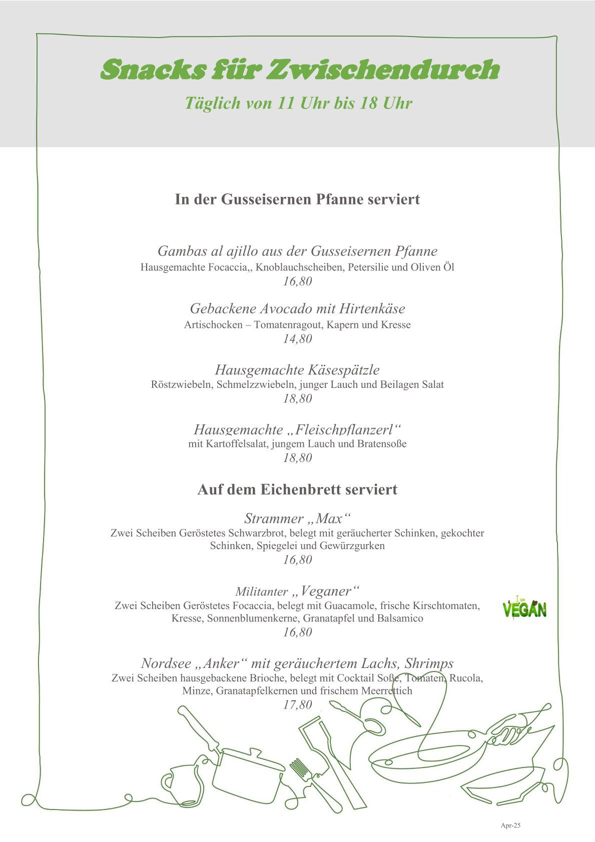 Speisekarte mit Snacks 