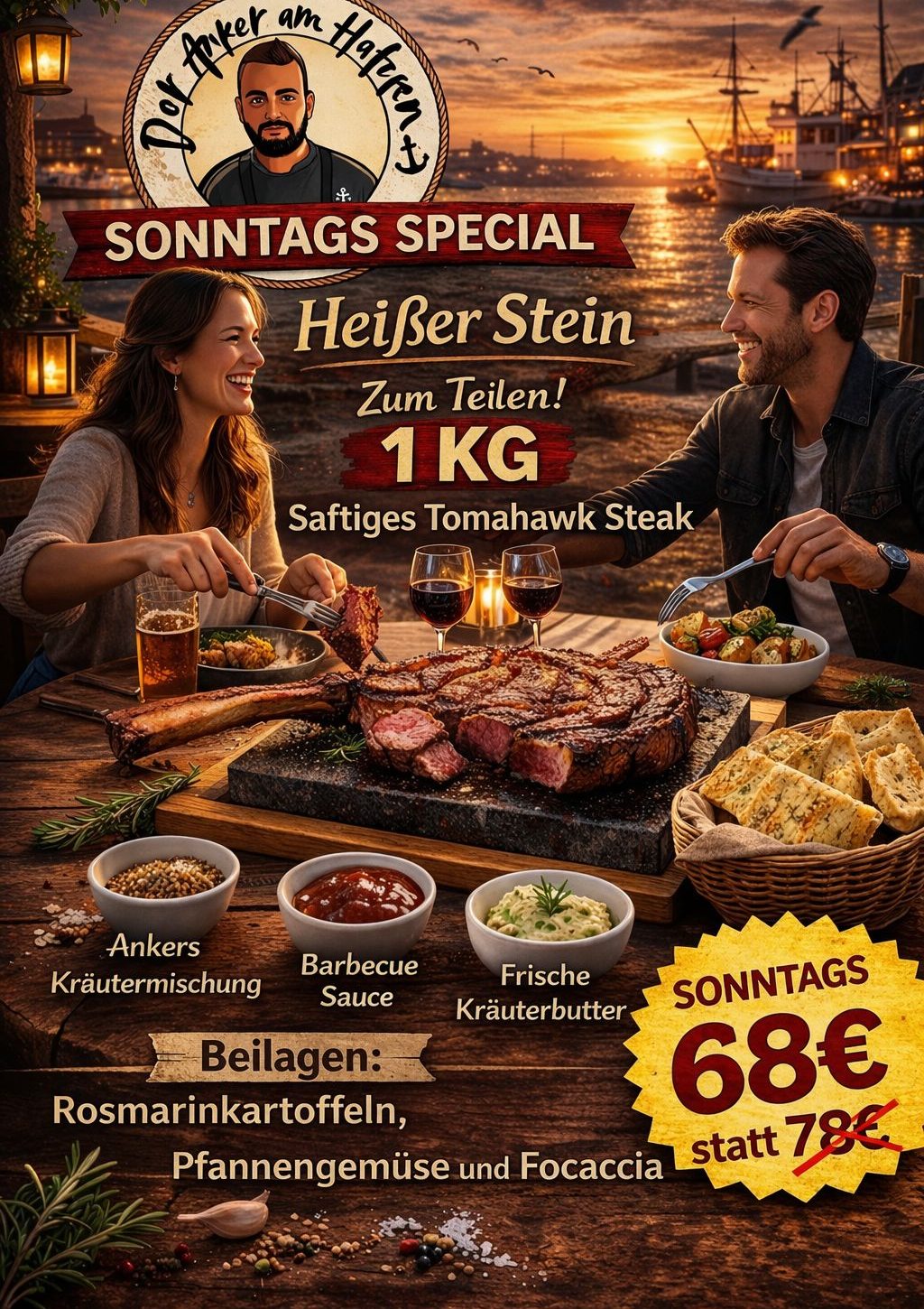 Speisekarte mit Hauptgerichten, die Fleischgerichte auflisten.