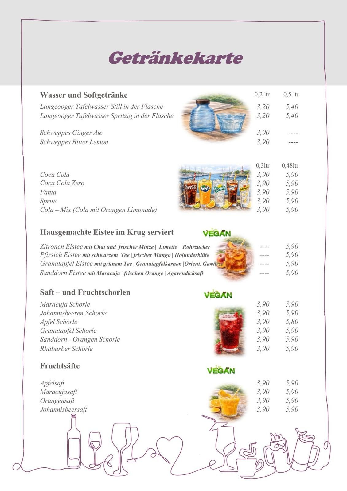 Speisekarte mit Kaffee- und Teespezialitäten sowie Preisen.