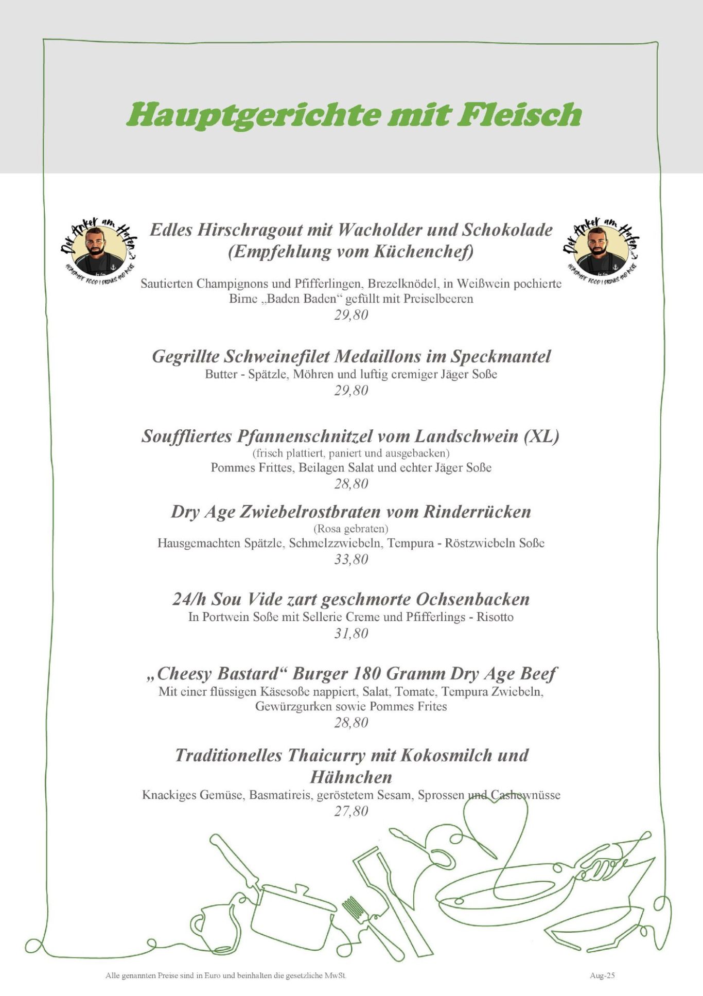 Speisekarte mit Hauptgerichten, die Fleischgerichte auflisten.