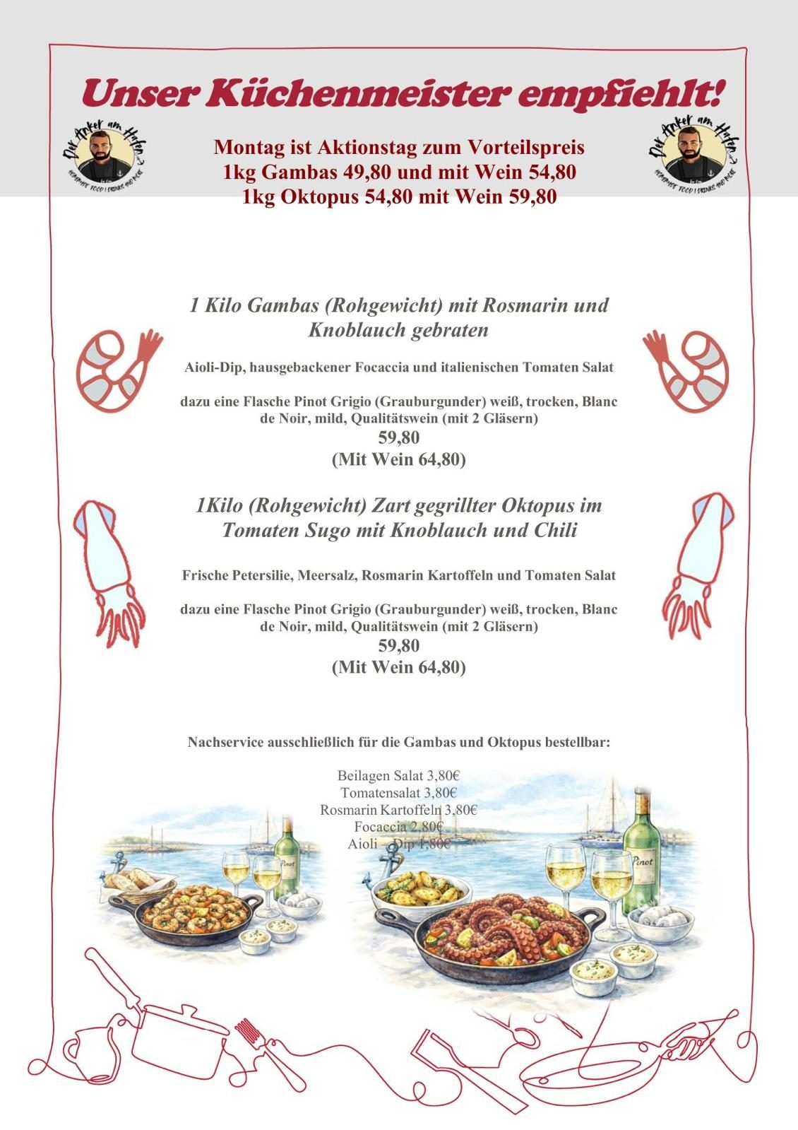 Speisekarte mit Dessertangebot und einem historischen Kochporträt.