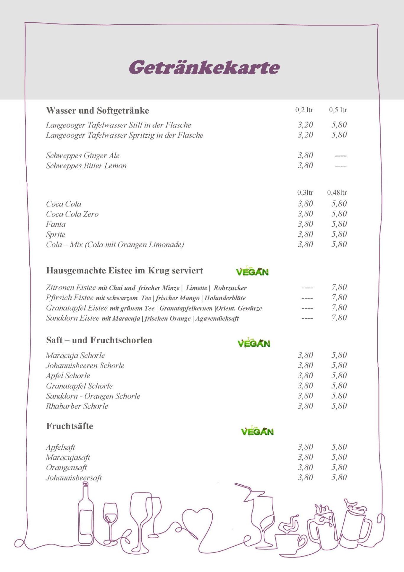 Getränkekarte mit verschiedenen alkoholfreien und alkoholischen Getränken.