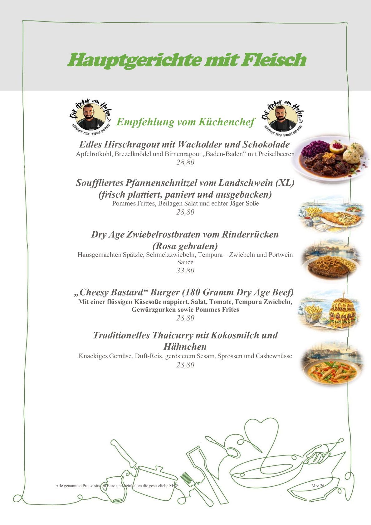 Speisekarte mit Kaffee- und Teespezialitäten sowie Preisen.