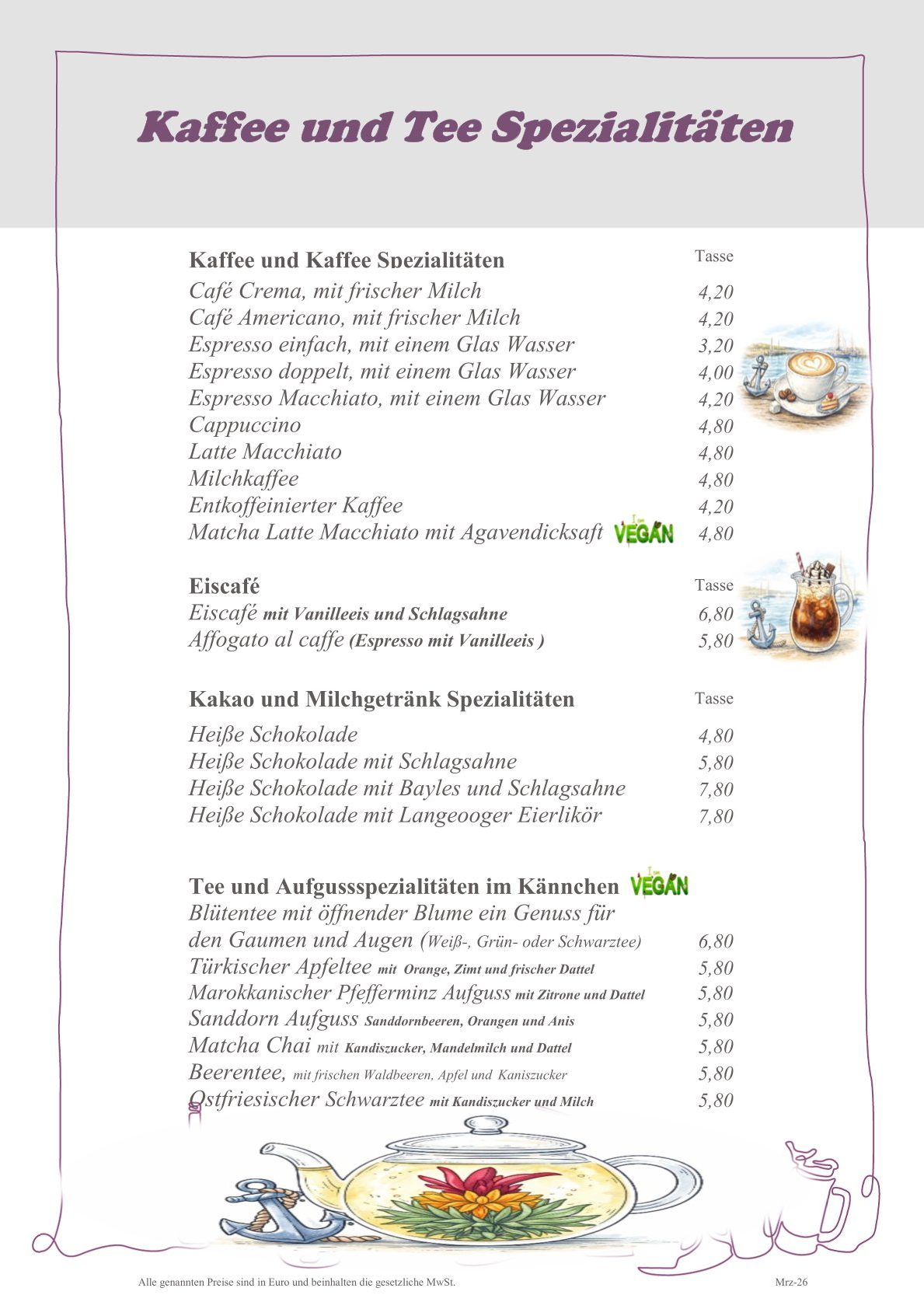 Speisekarte mit Kaffee- und Teespezialitäten sowie Preisen.