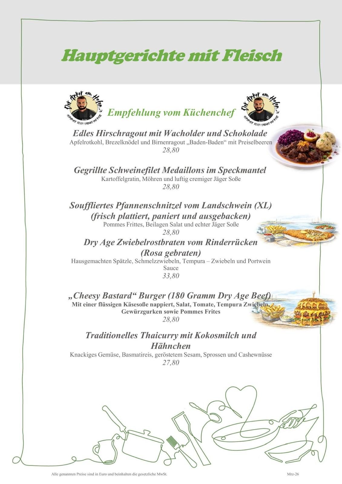 Speisekarte mit Kaffee- und Teespezialitäten sowie Preisen.