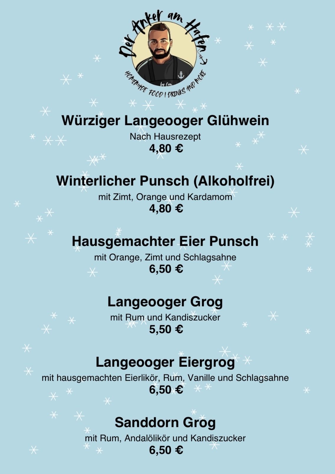 Speisekarte mit Kaffee- und Teespezialitäten sowie Preisen.